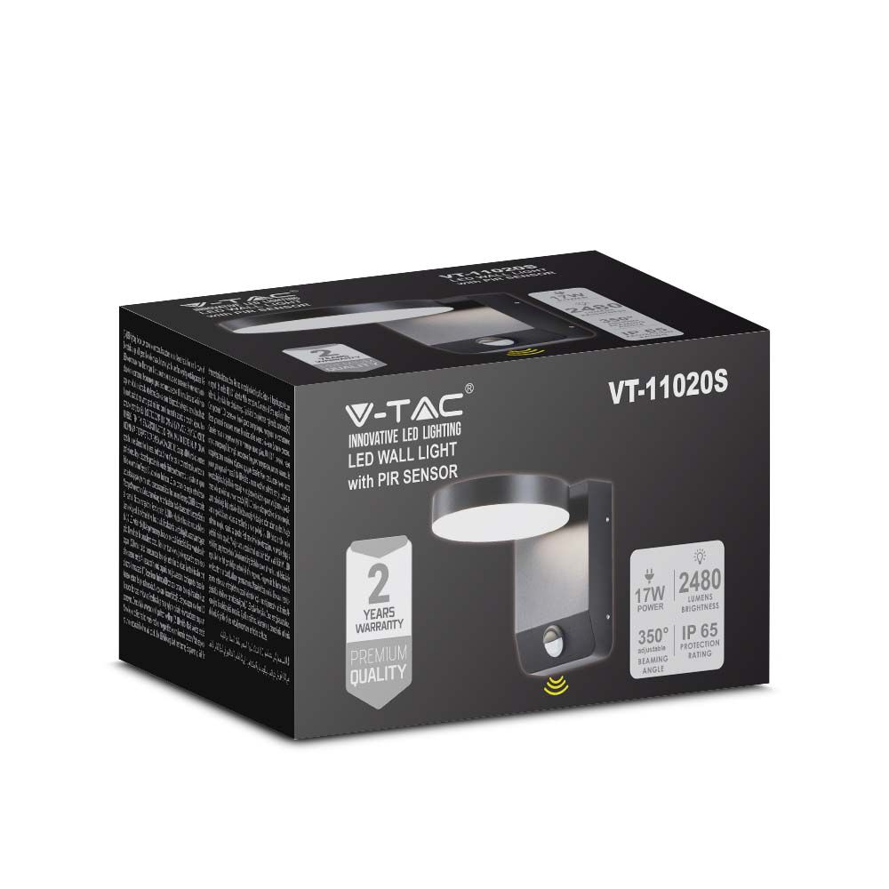 2957-3 17W LED Lumină de Perete cu Senzor Corp Negru Rotund 4000K IP65 - Image 1
