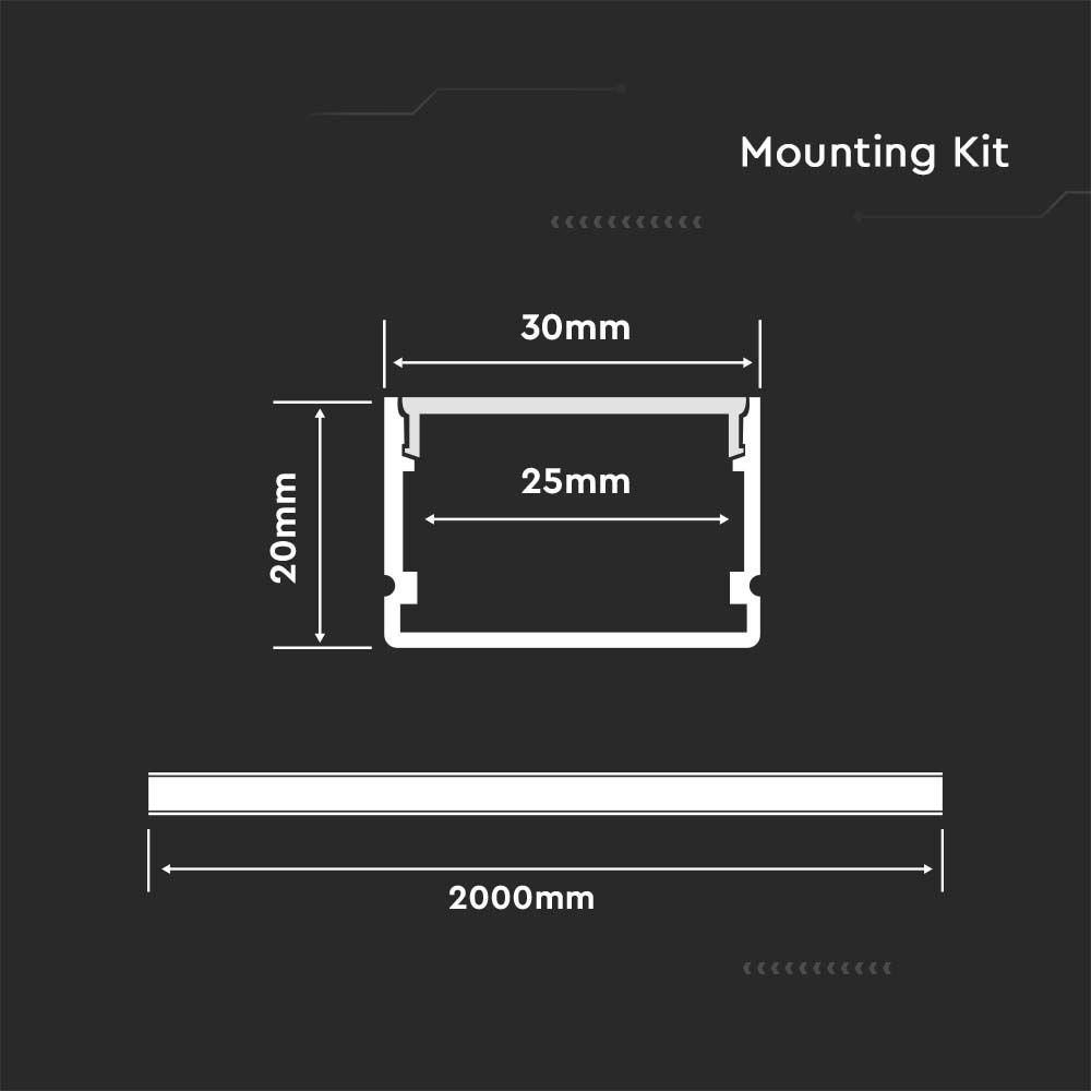 3371-2 Kit Montaj din Aluminiu pentru Banda LED cu Dispersor 2000 x 30 x 20mm Aspect Lăptos - Image 1