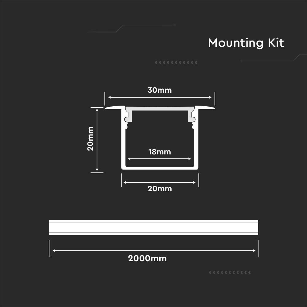 3372-2 Kit Montaj din Aluminiu pentru Banda LED cu Dispersor 2000 x 30 x 20mm Aspect Lăptos - Image 1
