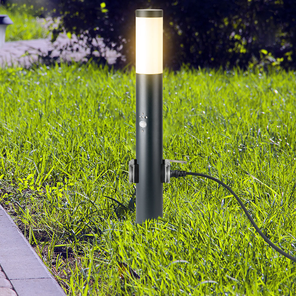 8976-2 E27 Bollard Lamp 60cm PIR Senzor 2 EU Plug Sockets Oțel Inoxidabil Gri IP44 - Image 1