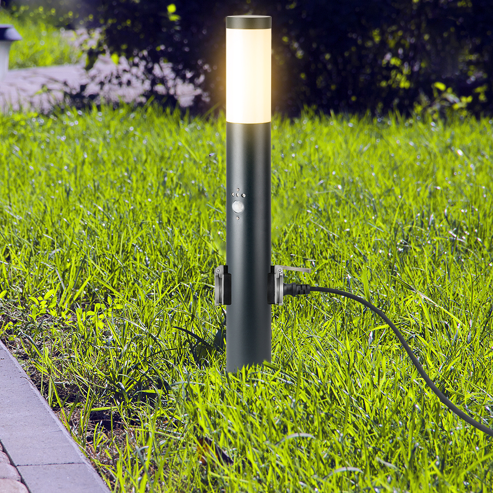 8979-2 E27 Bollard Lamp 60cm PIR Senzor 2 EU Plug Sockets Oțel Inoxidabil NegruIP44 - Image 1